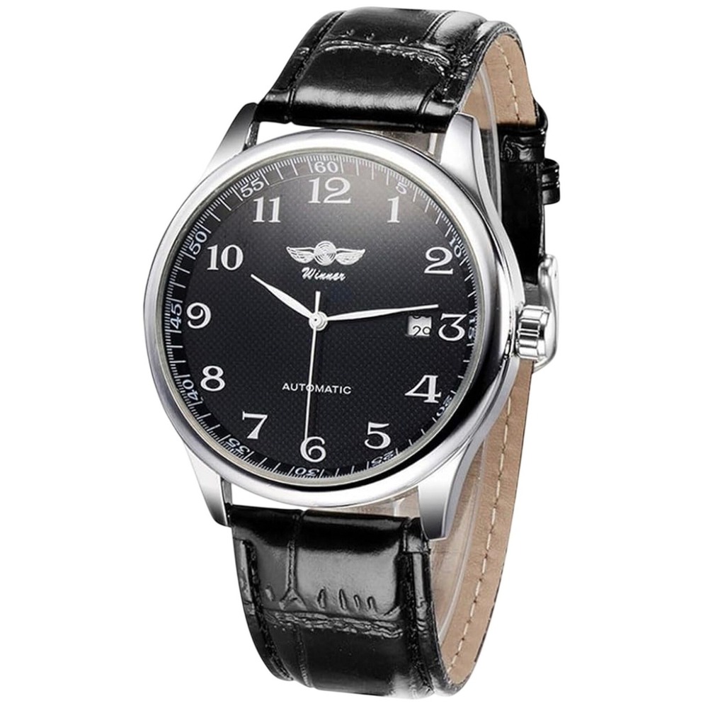 Winner Automatic Mechanical Wrist Watch Black Leather‎ Strap Calendar Day NEW
